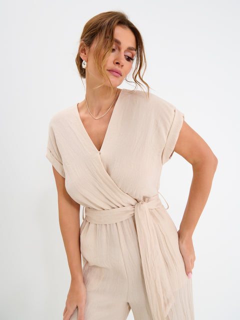 Sinsay Women's Beige V-Neck Regular Fit Jumpsuit|Sinsay In Lebanon