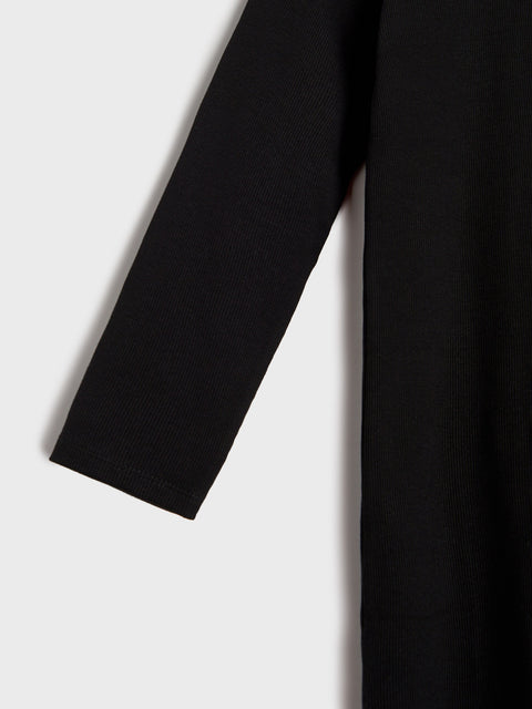 Black long-sleeve dress on a white background