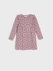 Pink dress with black polka dots on a light gray background
