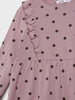 Purple dress with black polka dots and ruffled sleeves on a light gray background