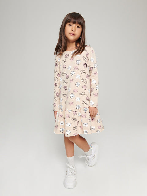 Sinsay Girl's Beige Babydoll Dress With A Print | Sinsay In Lebanon