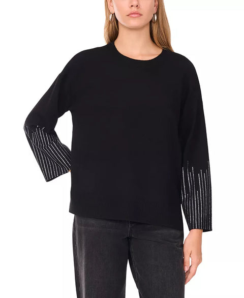 Vince Camuto Women's Black Crewneck Rhinestone Long-Sleeve Sweater | Vince Camuto In Lebanon