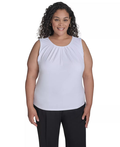 Calvin Klein Women's White Sleeveless Pleat-Neck Blouse | Calvin Klein in Lebanon