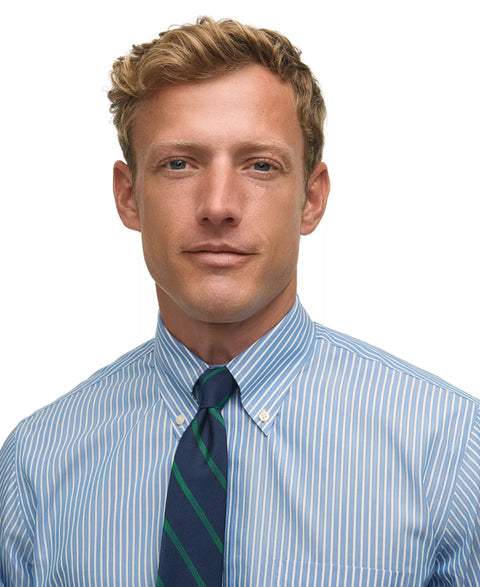 B By Brooks Brothers Men's Blue Regular Fit Non-Iron Polo Button-Down Thin Stripe Broadcloth Dress Shirt | B By Brooks Brothers in Lebanon