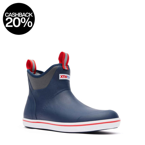 Navy rain boot with red accents on a white background