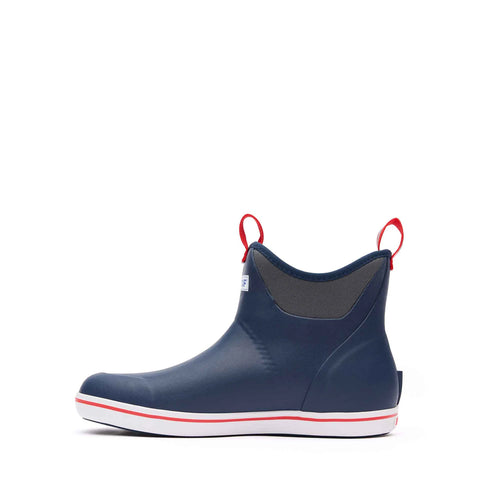 Blue rain boot with red accents on a white background