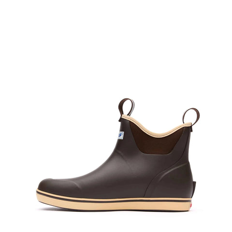Brown rubber boot with beige trim on a white background