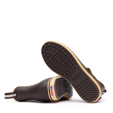 Brown rubber boots with Xtratuf branding on a white background