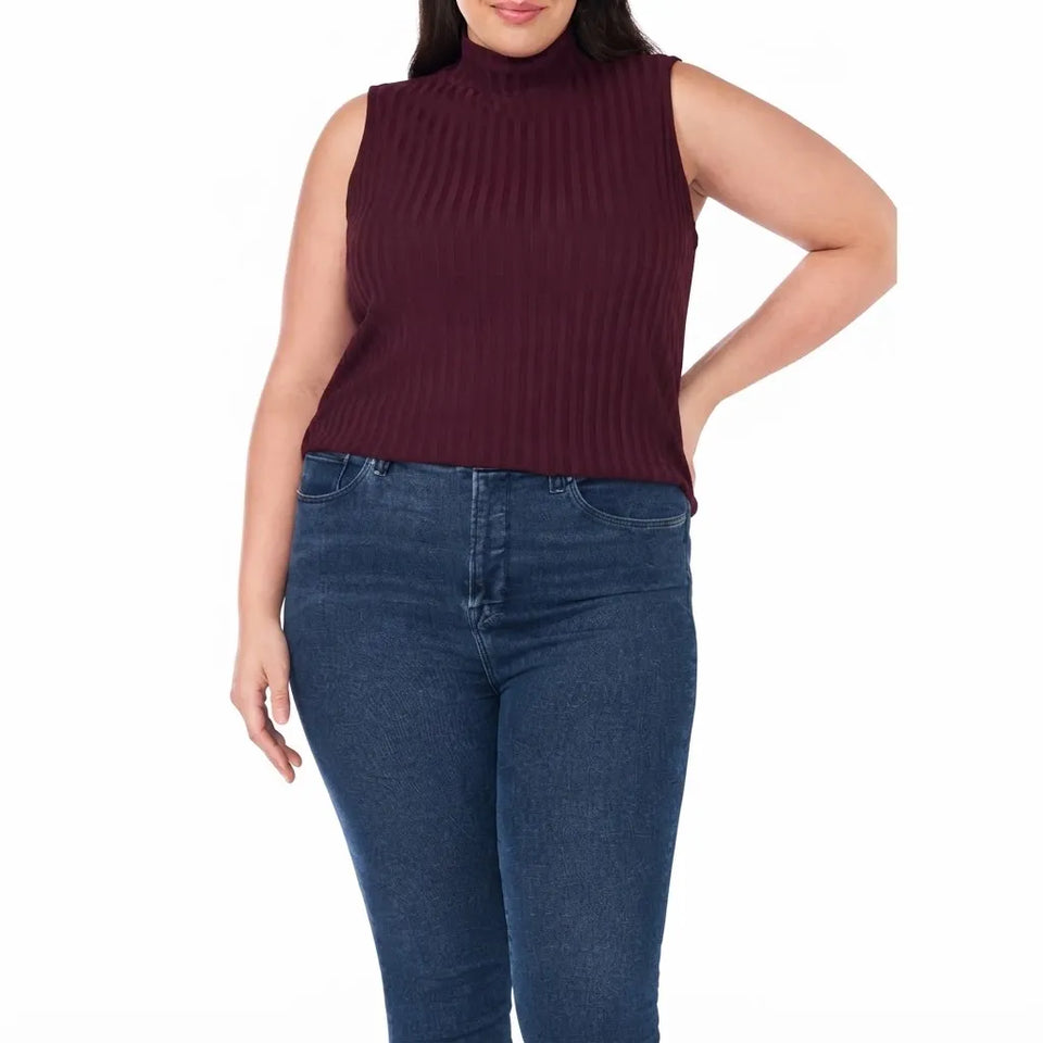CeCe Women's Burgundy Ribbed Mock Neck Sleeveless Blouse
