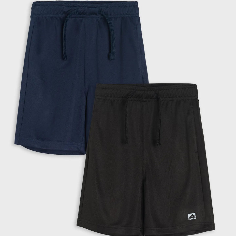 Two pairs of athletic shorts, one navy blue and one black, displayed flat against a light gray background. Both feature elastic waistbands with drawstrings and a small white logo on the lower left hem of the black pair.
