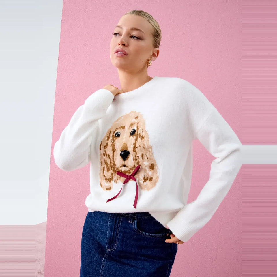 Sinsay Women's White Dog Graphic Knit Sweater