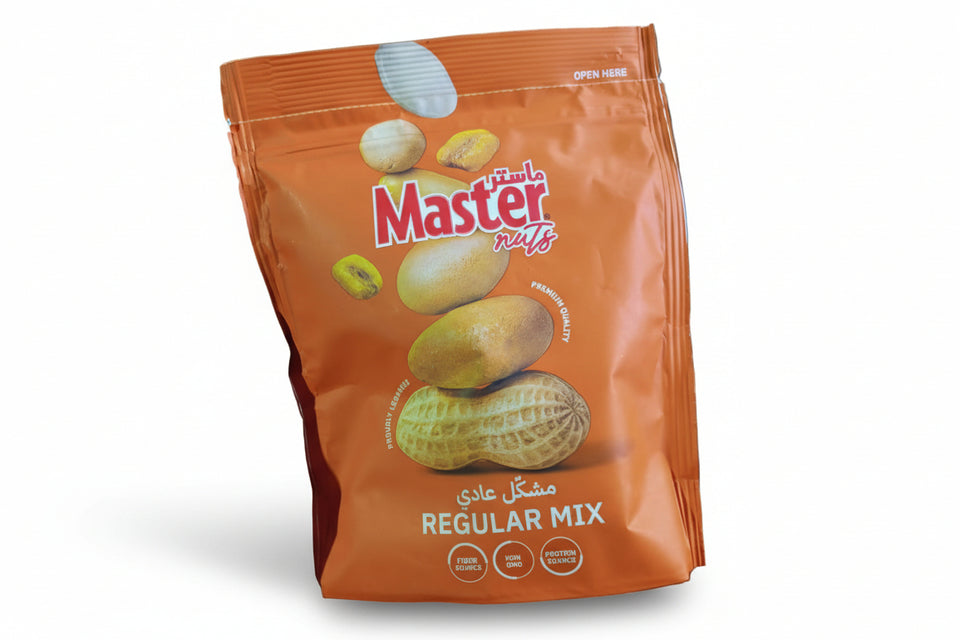 Orange packaging of Master Nuts Regular Mix held by a person.
