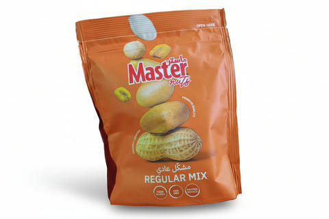 Orange packaging of Master Nuts Regular Mix held by a person.