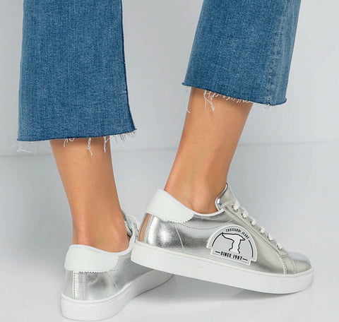 Trussardi Women's Silver Grey Rubber Patch Sneakers |Trussardi Jeans In Lebanon
