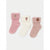 Three pairs of baby socks in soft pastel colors: dusty pink ribbed socks with embroidered animal motifs, a white fuzzy pair with an embroidered grape design, and a dusty pink ribbed pair with an embroidered acorn design, displayed on a light gray background.