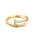 A gold open-band ring featuring a stylized letter T design paved with small clear stones, shown on a plain white background.