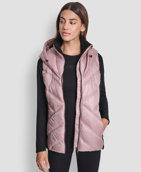 DKNY Sport Women's Dusty Pink &Contrast Collar Hooded Puffer Vest  | DKNY In Lebanon