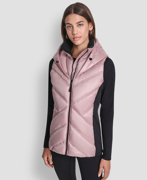 DKNY Sport Women's Dusty Pink &Contrast Collar Hooded Puffer Vest  | DKNY In Lebanon