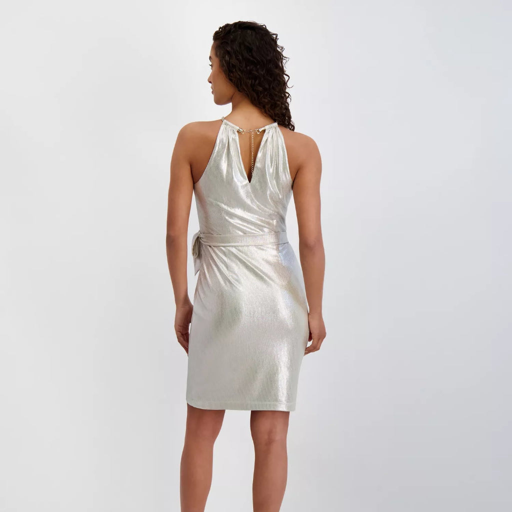Kensie Women's Silver Chain-Neck Sleeveless Side-Tie Shift Dress