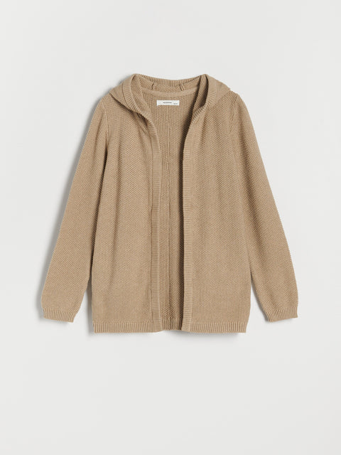 Beige hooded cardigan on a light gray background