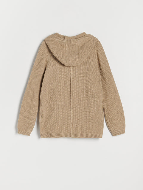 Beige knitted hoodie on a light gray background