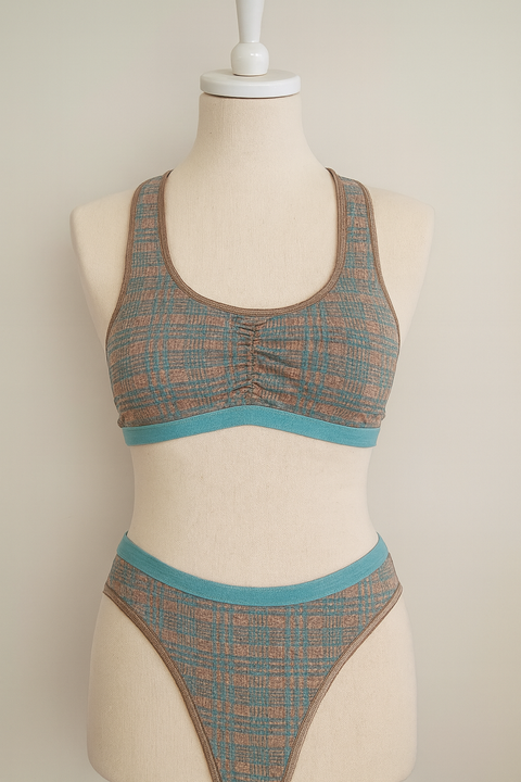 Demar Women's Grey & Light Blue Checkered Underwear Set | Demar In Lebanon