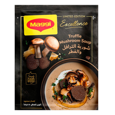 Maggi Truffle Mushroom Soup package with mushrooms and truffle on a dark background