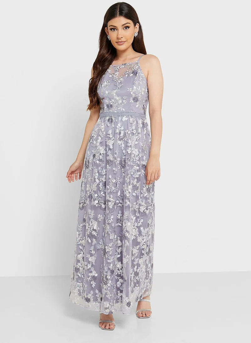 Chi Chi London Petite Women's Purple Embroidered Ruched Waist Floral Dress  |  Chi Chi London Petite in Lebanon