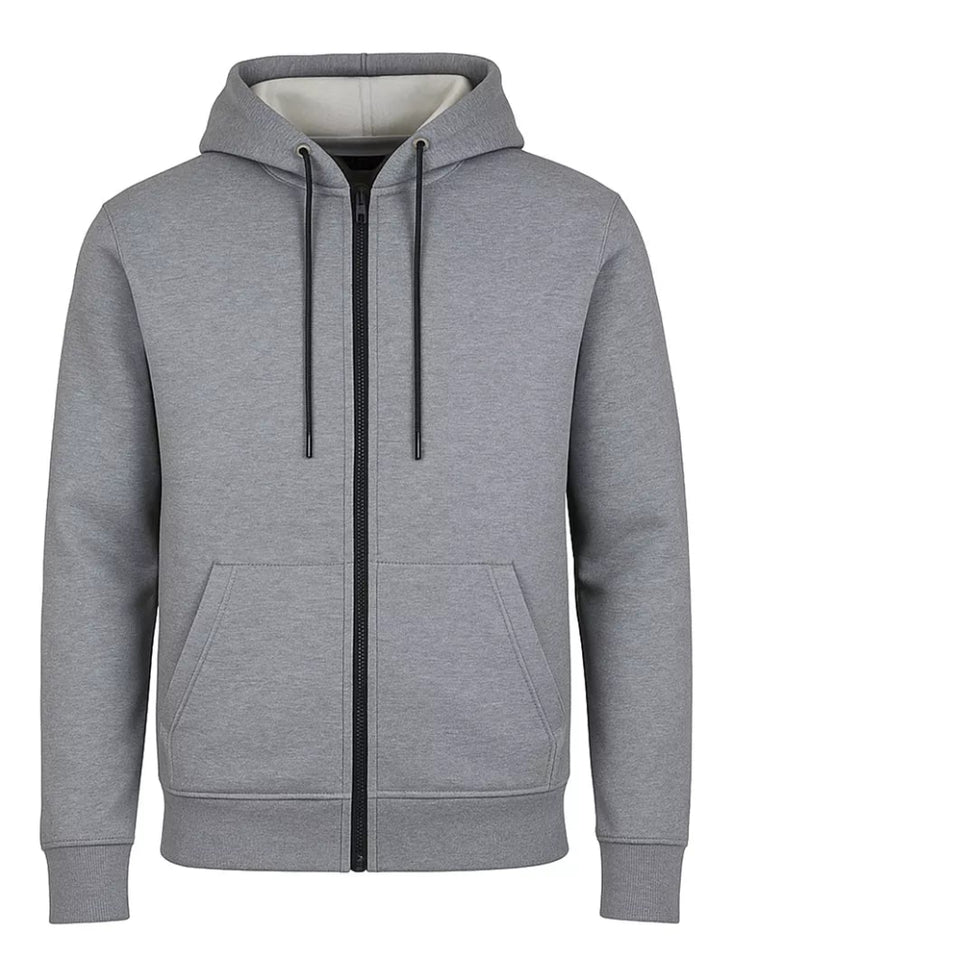 A two-piece gray fleece tracksuit set consisting of a zip-up hoodie with black drawstrings and matching sweatpants, displayed on a clean white background.