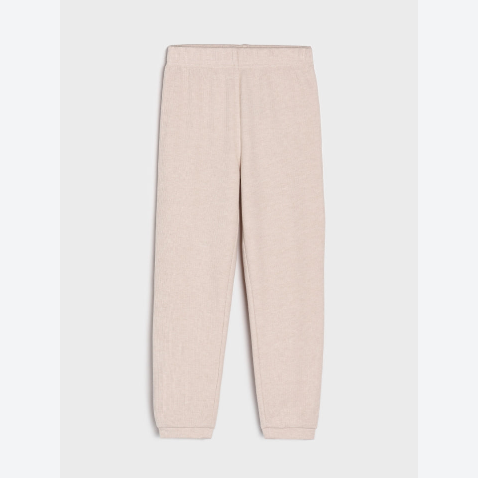 A pair of light beige heathered sweatpants with an elastic waistband and ribbed ankle cuffs, shown flat against a light gray background.