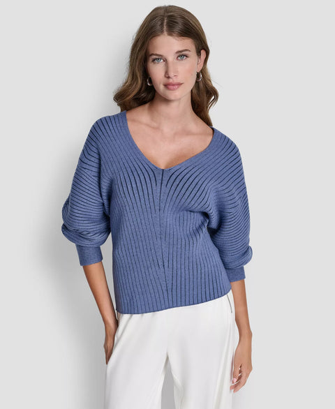 DKNY Women's Blue V-Neck Long-Sleeve Rib-Knit Sweater | DKNY In Lebanon