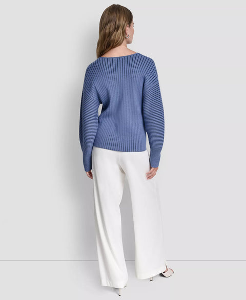 DKNY Women's Blue V-Neck Long-Sleeve Rib-Knit Sweater | DKNY In Lebanon