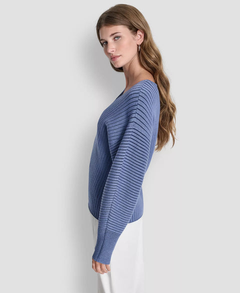 DKNY Women's Blue V-Neck Long-Sleeve Rib-Knit Sweater | DKNY In Lebanon