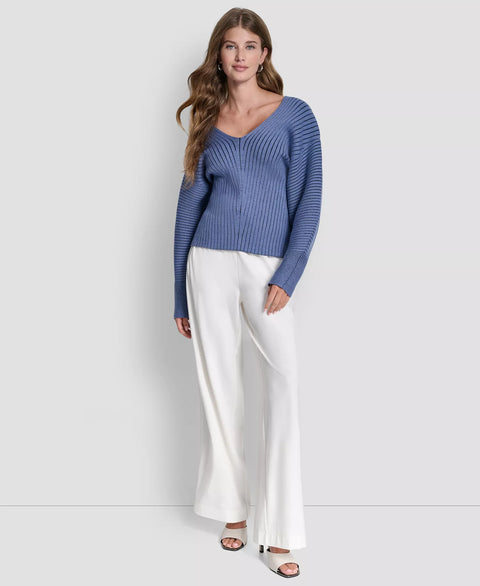 DKNY Women's Blue V-Neck Long-Sleeve Rib-Knit Sweater | DKNY In Lebanon
