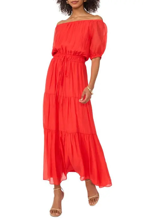 Vince Camuto Women's Red Off-The-Shoulder Tiered Maxi Dress|Vince Camuto In Lebanon