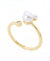 A gold Mickey Mouse-themed ring featuring a large white pearl and two smaller pearls on a gold band, with a small clear gemstone and the Disney logo engraved inside the band.