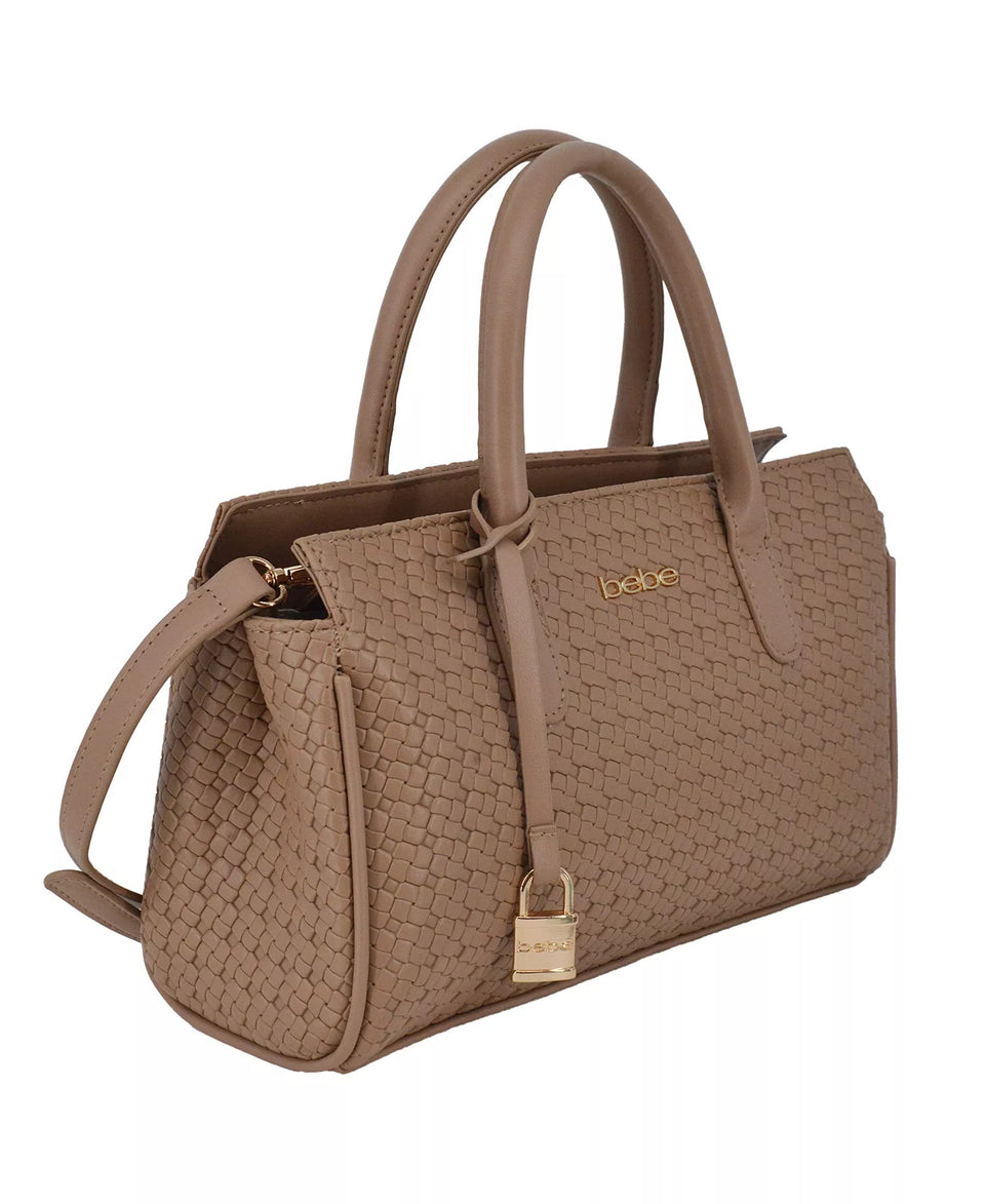 A structured taupe-brown woven leather handbag with double top handles, a detachable shoulder strap, a front zip pocket, and a gold-tone padlock detail, shown on a plain white background.