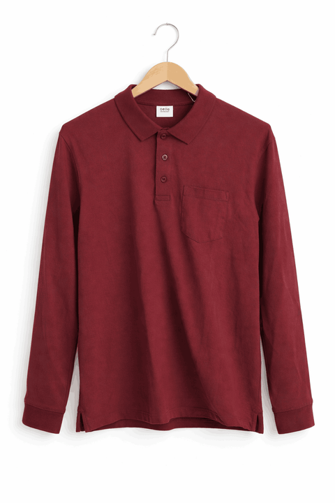 Celio Men's Burgundy 100% Cotton Chest Pocket Long Sleeves Polo Blouse | Celio In Lebanon