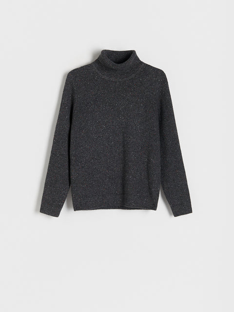 Dark gray turtleneck sweater on a light gray background