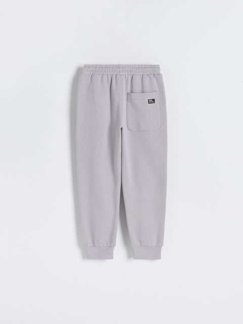 Gray sweatpants with a small logo on a white background