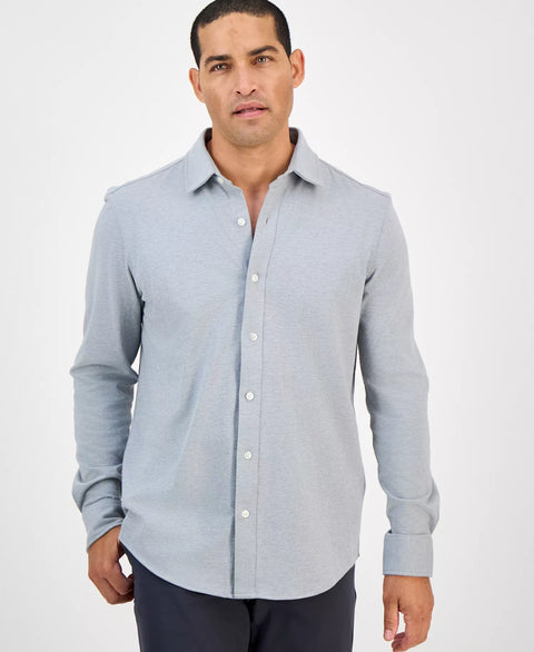 Alfani Men's Grey Classic-Fit Heathered Jersey-Knit Button-Down Shirt | Alfani In Lebanon