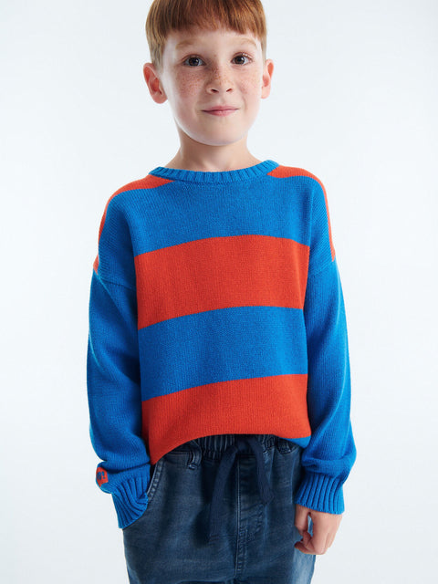 Child wearing a blue and red striped sweater on a white background