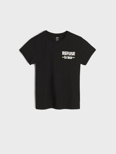 Black t-shirt with text on a light gray background