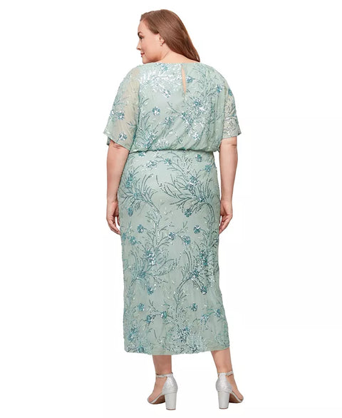 SLNY Women's Sage Green Plus Size Round-Neck Blouson Sequin Dress | SLNY In Lebanon