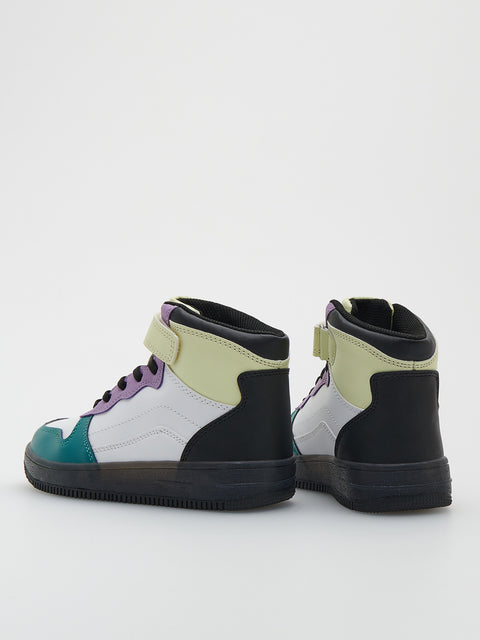 Pair of high-top sneakers with a colorful design on a white background