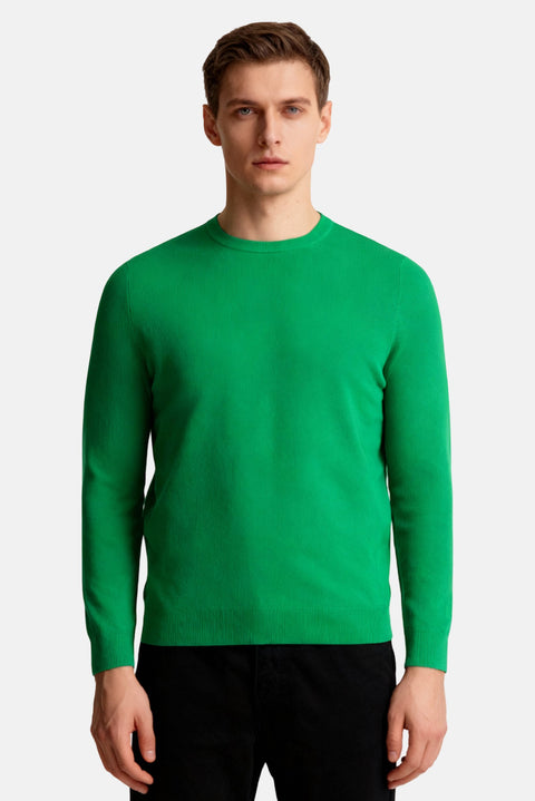 Man wearing a green sweater on a white background