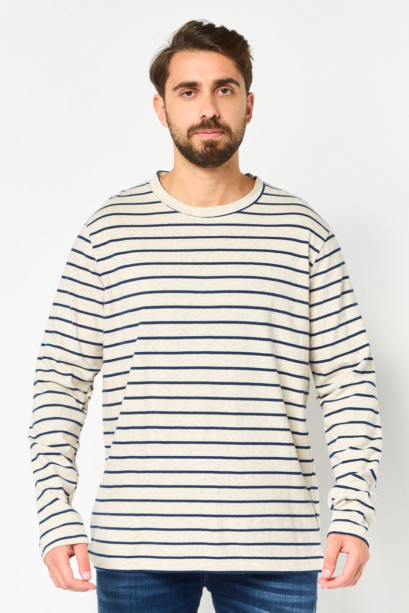 Celio Men’s Gray & Navy Striped Crew Neck Long Sleeve T-Shirt|Celio In Lebanon