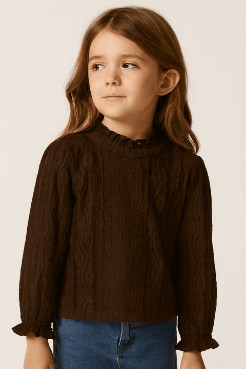 POMPdeLUX Girl's Brown Long-Sleeve Lace Blouse | POMPdeLUX in Lebanon