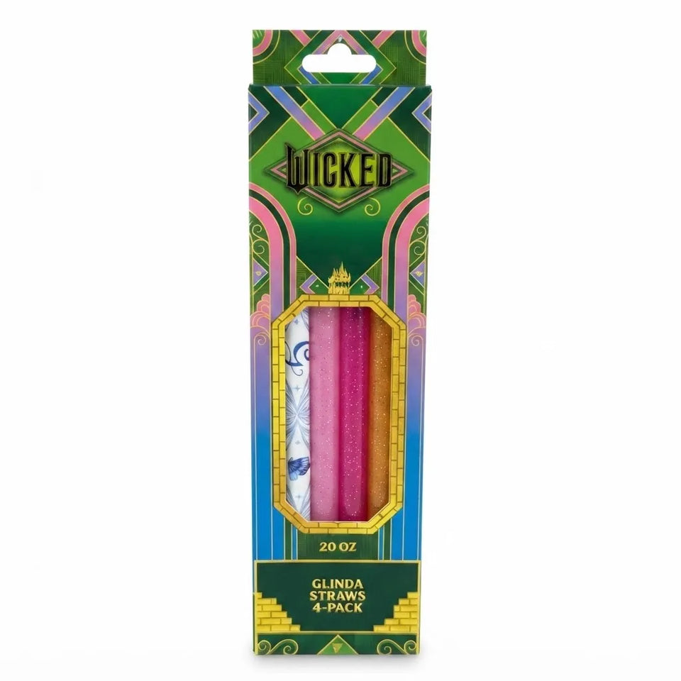 Wicked Glinda Straws 4-pack in a 20 oz cardboard box. The packaging features a colorful, retro-themed design with green, pink, and blue patterns, and a clear window displaying the four glittery straws inside: white with blue patterns, pink glitter, gold glitter, and dark blue glitter.