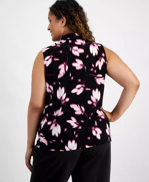 Anne Klein Women's Orchid Pink/Black Floral Triple Pleat Sleeveless V-Neck Blouse | Anne Klein In Lebanon